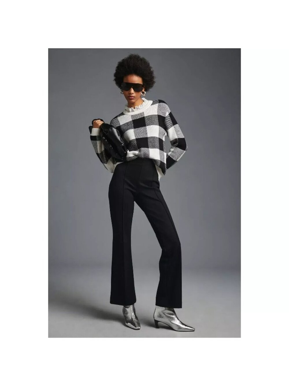NWT Anthropologie Black & White Buffalo Check Collared Knit Pullover, Size S